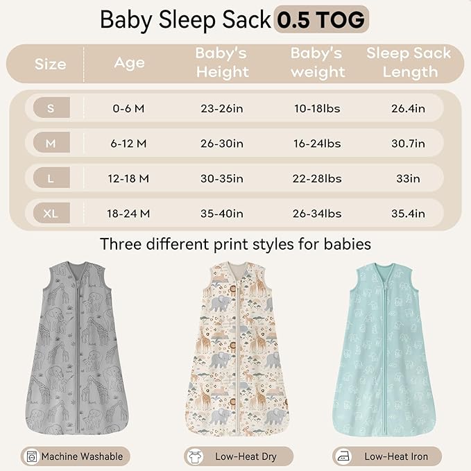 Baby Sleep Sack 12-18 Months 0.5 Tog Wearable Blanket Baby, 3 Pack 100% Cotton Lightweight Sleeping Sack with 2-Way Zipper for Infant Toddler Apricot Gray Green Elephant