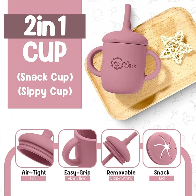 o'doe 11-Piece BPA-Free Silicone Baby Feeding Set | Thick & Soft Suction Plates, Baby Bowls, Wooden Fork & Spoon, and More | Make Mealtime Fun and Easy for Your Little One (Rose, V1)