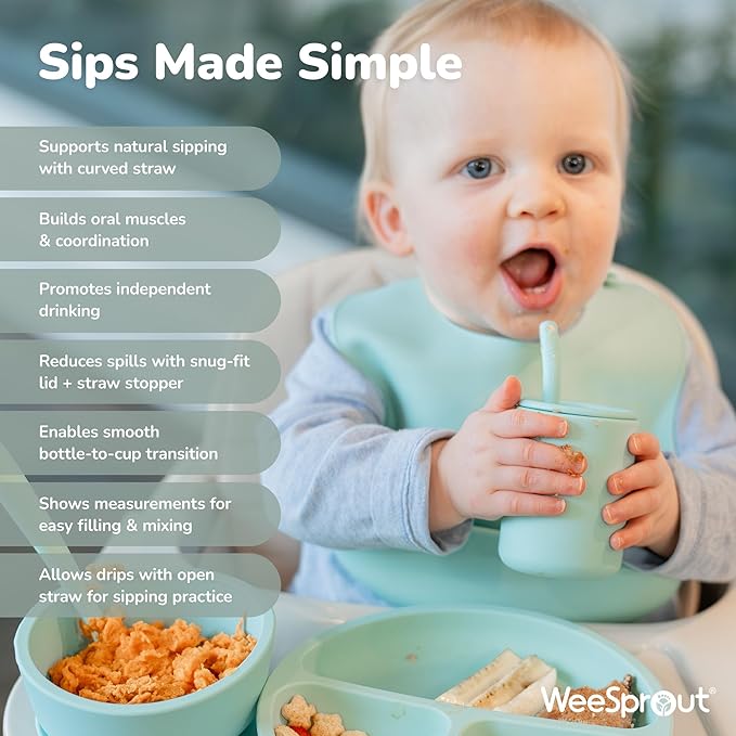 WeeSprout Silicone Baby Cups With Straws and Lids, 4 & 8 oz Options, Set of 2, Food Grade Toddler Training Container, Built In Straw Stoppers, Measurement Markings, Dishwasher Safe + Straw Cleaner
