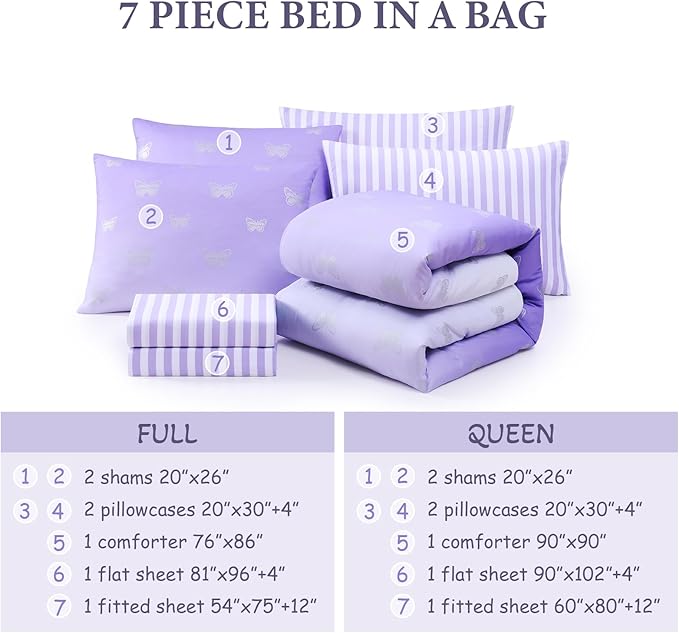 Queen Comforter Set with Sheets for Girls-7 Pieces Queen Bedding Sets with Purple Comforter, Sheets, Pillowcases & Shams for Kids (Purple Butterfly, 90" X 90")