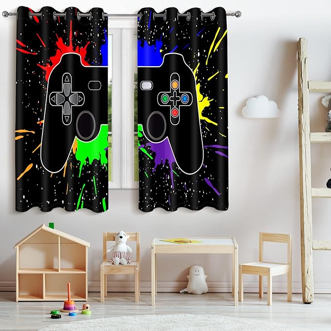Jekeno Game Controller Blackout Curtains for Kids Boys Teens Bedroom Colorful Video Game Gamer Gaming Gamepad Decor for Home Living Room Grommet Window Drapes 2 Panel Set, 52"x84"