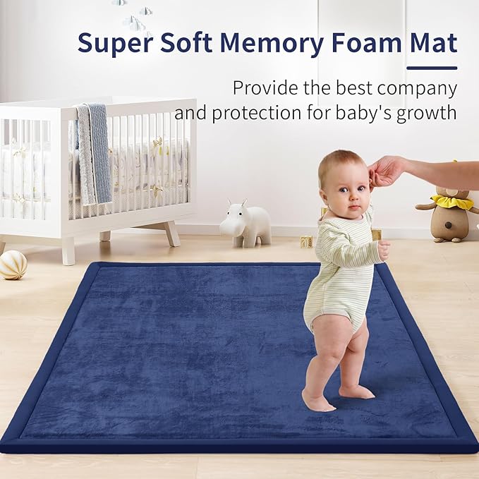 ACOMOPACK Baby Play Mat for Floor 1.3" Thick Memory Foam Play Mat 79"×157 Tummy Time Crawling with Non-Slip Bottom for Living Room,Nursery,Soft Velvet Playpen Mats for Kids,Infants（Royal Blue）