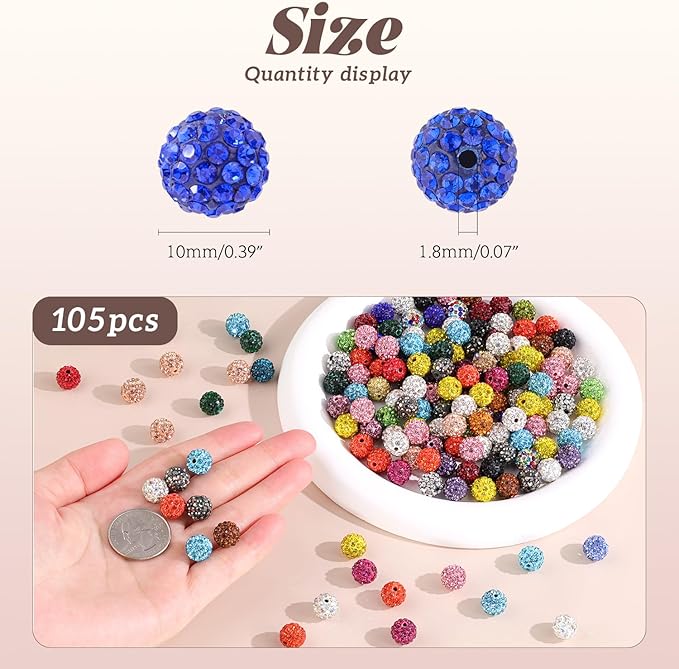 105pcs 10mm Rhinestone Beads for Jewelry Making, Hematite Shiny Round Disco Ball Beads Bulk, Sparkle Crystal Clay Christmas for Bracelet Baseball Necklace Earring Crafting and DIY