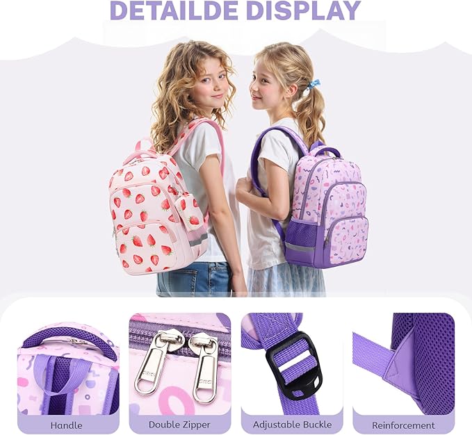 mygreen 3PCS Kids Backpack Set - Waterproof Bookbag with Lunch Box for Girls Ages 3-12, Adorable Cartoon Prints for School & Outdoor Use Light Pink Mermaid
