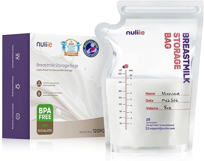 Nuliie 120 Pcs Breastmilk Storage Bags, 8 OZ Breast Milk Storing Bags, BPA-Free, Milk Storage Bags with Pour Spout for Breastfeeding, Self-Standing Bag, Space Saving Flat Profile