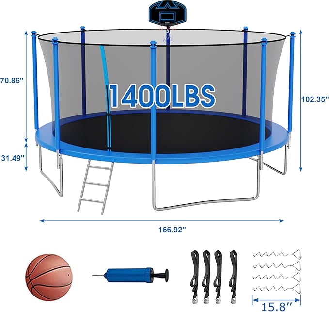 SKYUP Tranpoline 1500LBS 16 15 14 12 10 8 FT Tranpoline for 7-10 Kids and Adults, Windproof Outdoor Tranpoline with Enclosure Net, Basketball Hoop, Easy to Install & Last Long - ASTM Approved