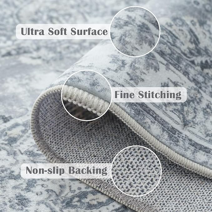 jinchan Runner Rug 2x6 Washable Hallway Runner - Vintage Floral Non Slip Low-Pile Soft Thin Kitchen Rug Distressed Carpet for Farmhouse Bedroom Entryway Laundry Room(2x6ft,Grey)