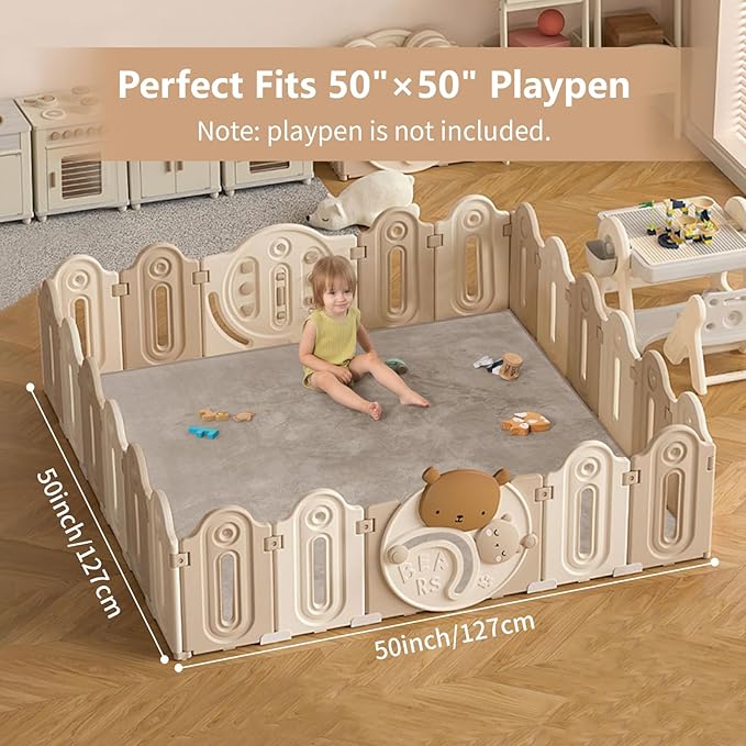 Baby Play Mat for Floor,1.3" Thick Elasti-Foam 50"×50" Playpen Mat for Tummy Time,Water Repellent Soft Coral Velvet for Toddler,Infant,Kids,Non-Slip Backing Safe for Crawling(Beige)