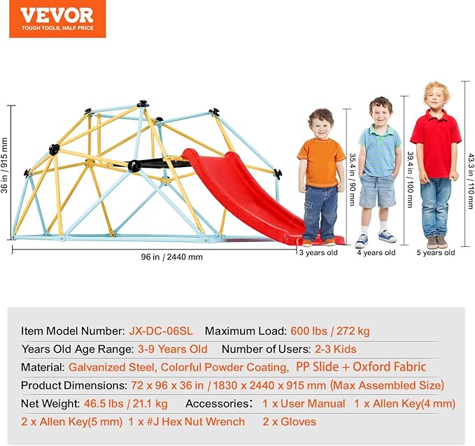 VEVOR Climbing Dome, 8FT Geometric Dome Climber with Slide, Jungle Gym Supports 600LBS and Easy Assembly for Kids 3 to 9 Years Old, with Climbing Grip, Outdoor and Indoor Play Equipment for Kids