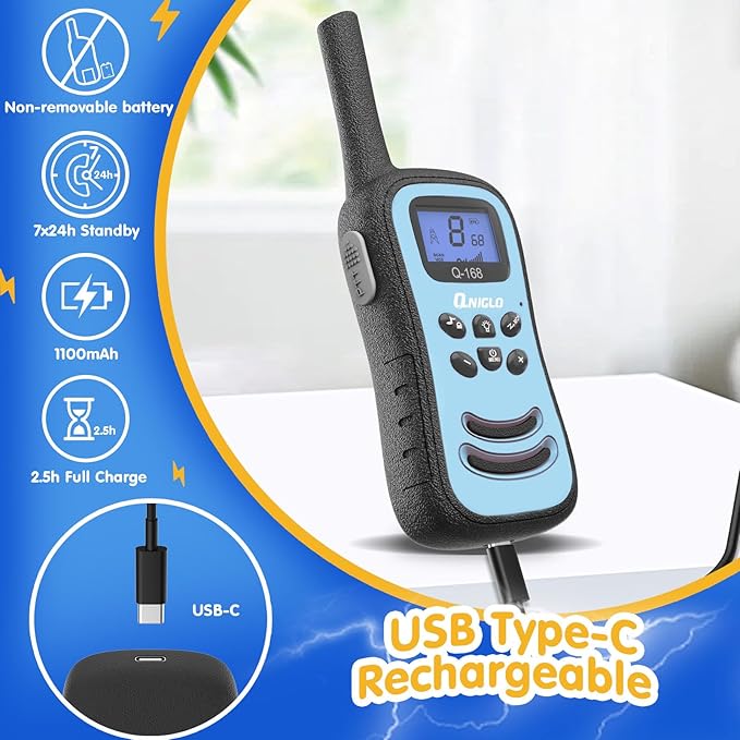 QNIGLO Walkie Talkies for Kids, Rechargeable Walkie Talkies, VOX，2 Way Radios with LED Flashlight, Perfect Outdoor Camping Toys with Lanyard for 3+ Years Old Boys Girls for Hiking Adventures（ 4 Pack）