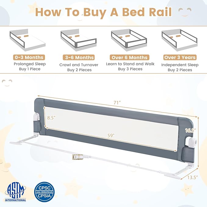 HONEY JOY Bed Rail for Toddlers, Extra Long, Foldable Portable Swing Down Safety Bed Guard Rail, Toddler Bed Rails for Crib, King Queen Full Twin Size Bed Mattress (Light Gray, 1 Pack, 71 Inch)
