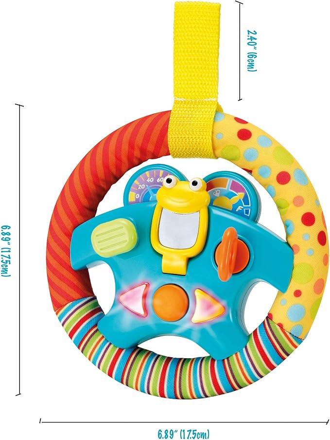 KiddoLab Steering Wheel Toy with Music,Lights,Sounds & Flip Up Mirror - Crib & Stroller Toys with Soft Fabric and Velcro Tap for Easy Attachment. Car Seat Toys for Babies and Toddlers. Ages 3 Months+