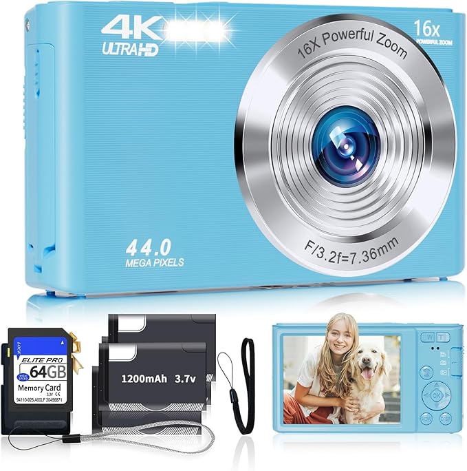 Digital Camera for Teens, FHD 4K 44MP with 64GB SD Card, 16X Digital Zoom, Compact Point Shoot Camera Blue