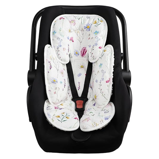 Pea Pod Infant Car Seat Pad 2-in-1 Baby Car Seat Head & Body Support for Newborn Girl Reversible 3 Layer Warm Preemie Carseat Stroller Cushion Headrest with Soft Minky Dot Fabric, Wildflower