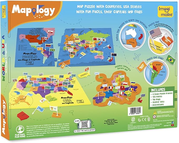 Imagimake Mapology USA & World Map Puzzle with Flags, Capitals, Stickers | Educational Toys for Ages 5-7 | Jigsaw Puzzles for Kids Ages 8-10 | Geography Toys for Ages 8-13 | 6 Year Old Boy/Girl Gifts