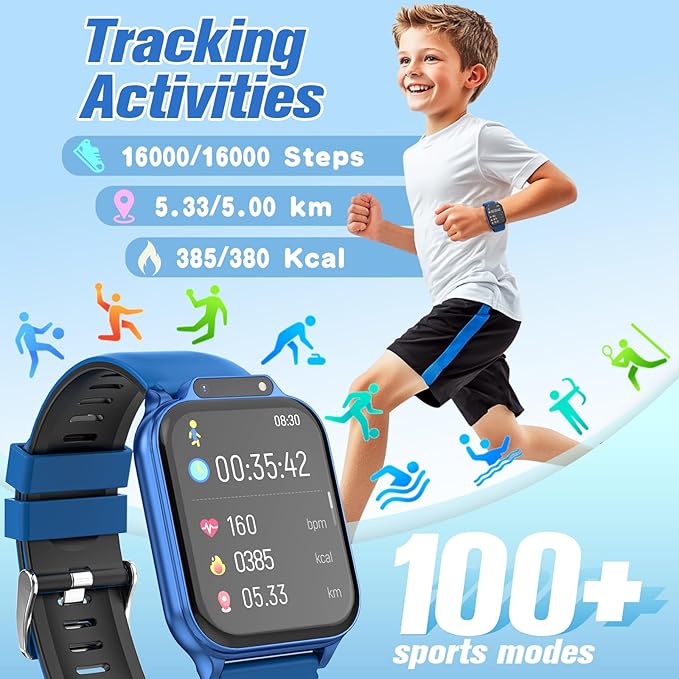Smart Watch for Kids 1.85" with Fitness Tracker, Sleep Monitor, 22/100+ Sport Modes, DIY Dial, IP68 Waterproof, Step Counter, Heart Rate, Camera, with/Without APP, Gift for 3-12 Years Old Boys Girls