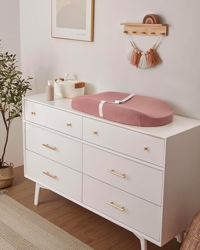 Blissful Diary Muslin Baby Changing Pad with Waterproof Lining Foam, Diaper Changing Table Pad with Cover for Dressers (Dusty Pink, Avocado)