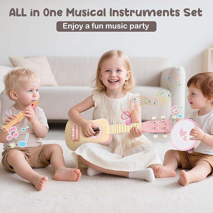 Kids Guitar Set for Girls - Toys for 2 3 4 Year Old Girl Birthday Gifts - 7 in 1 Wooden Montessori Musical Instruments with Ukulele/Tambourine/Maracas/Flute for Toddler 2-5(Pink)