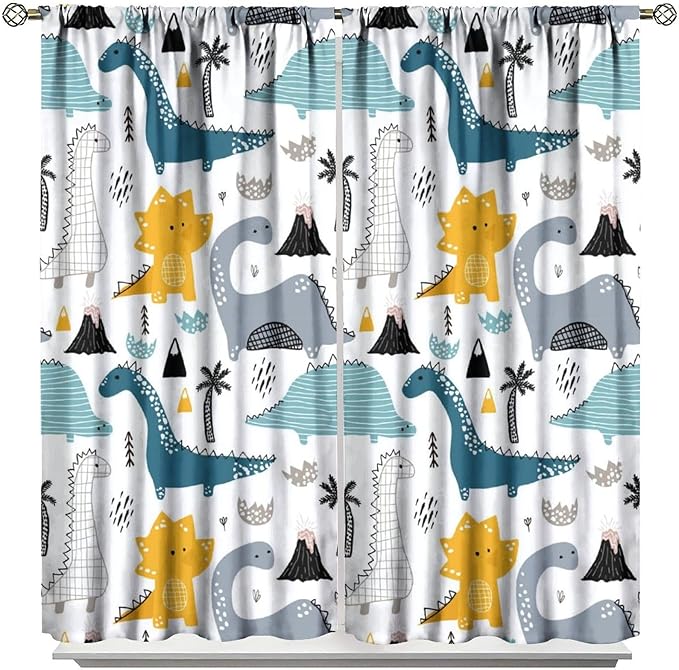 Kids Dinosaur Curtains for Boy Girl Bedroom Decor Cartoon Dino Colorful Cute Funny Wildlife Animal Printed Blackout Rod Pocket Window Drapes for Baby Nursery Playroom Living Room W31.5xL72in 2 Panels
