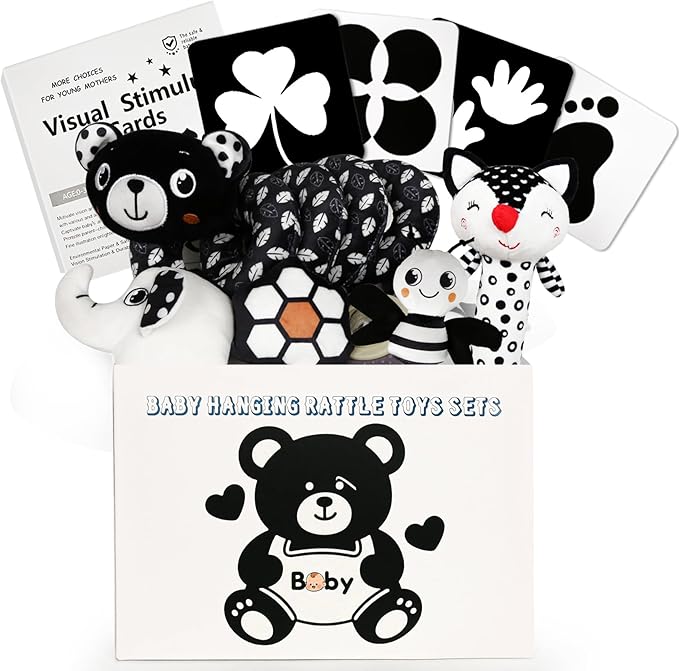 Car Seat Toys for Babies 0-6 Months,Hanging Rattle Toys for Crib Mobile, Baby Spiral Hanging Stroller Black and White High Contrast Toys for Newborn 0 3 6 9 12 Months Baby Boys Girls (Set-2)