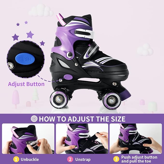 Adjustable 4 Size Kids Roller Skates With Light up Wheels for Girls Ages 5-8-12, Safe and Fun Illuminating Skates for Kids, Toddlers, Boys