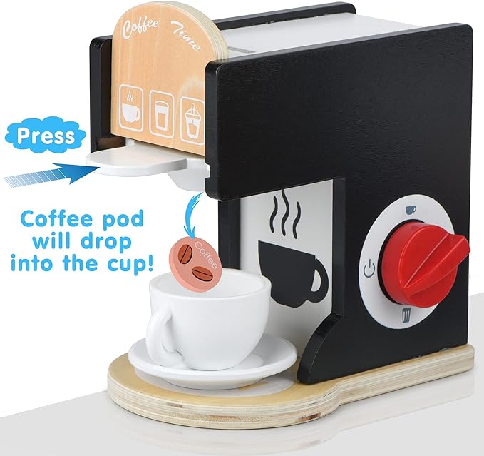 Play Kitchen Accessories Kids Wooden Coffee Maker Toy Espresso Machine Toddler Toy Kitchen Sets for Girls and Boys (Coffee Maker) (Black)
