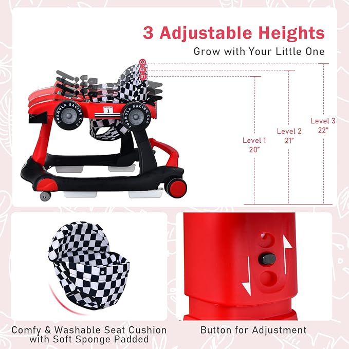 BABY JOY 4-in-1 Baby Walker, Foldable Activity Walker with Adjustable Height & Speed, Music, Lights, Anti-Rollover, Toddler Push Walker, Baby Walker with Wheels for Boys Girls 6-18 Months (Red)