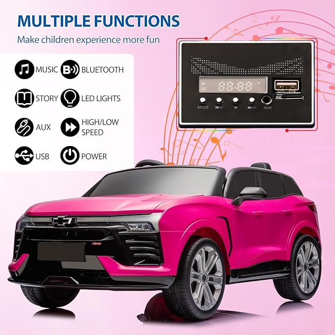 Hetoy 24V 2-Seater SUV Licensed Chevrolet Blazer Ride On Car Toy w/Parent Remote Control, 3 Speeds, Wireless Music, MP3 Player, Electric Car for Kids Ages 3-8, Pink