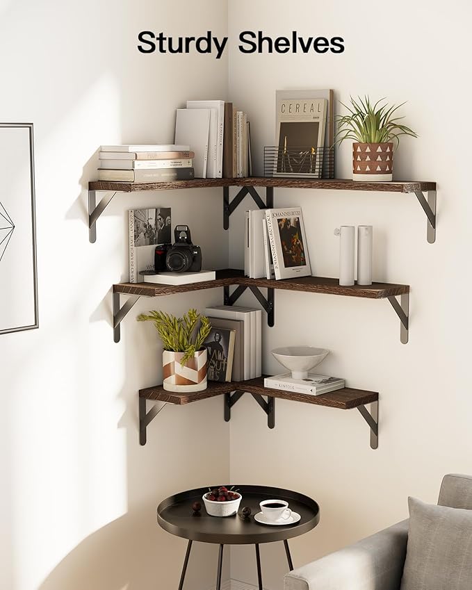 AMADA HOMEFURNISHING Wall Shelves Set of 6, Rustic Farmhouse Floating Shelves for Bedroom, Bathroom & Living Room, Brown Wood