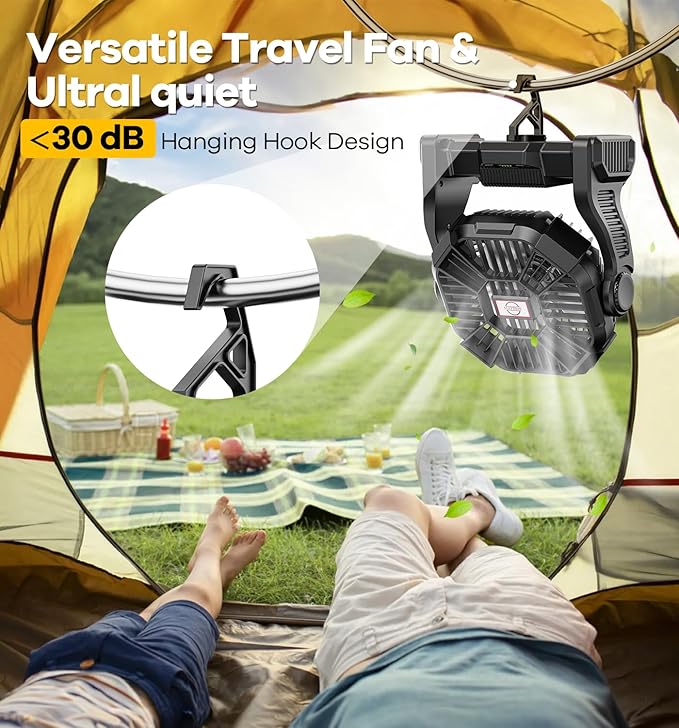 20000mAh Portable Battery Powered Camping Fan - with LED Light, Quiet Battery Operated, Camping Gear for Travel, Tent, Beach, Car or Hurricane Power Outages, Black