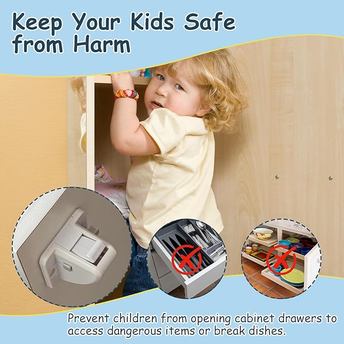 6 Pack Magnetic Cabinet Locks Baby Safety Child Proofing Invisible Locks No Drill Easy Installation for Cabinets Drawers Doors