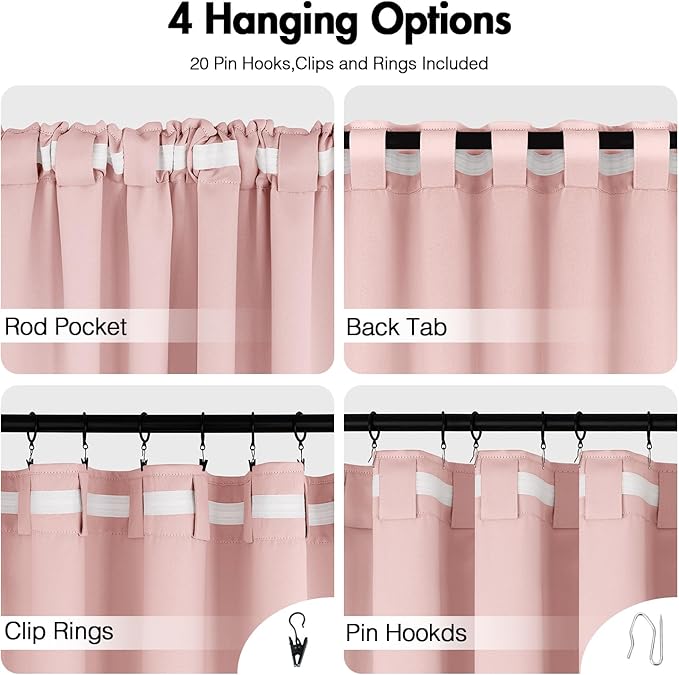 ANRODUO Light Pink Blackout Curtains for Girls Bedroom Living Room 96 Inches Long 2 Panels, Back Tab Rod Pocket Pinch Pleated Thermal Insulated Room Darkening Curtains, 52 x 96 Inch
