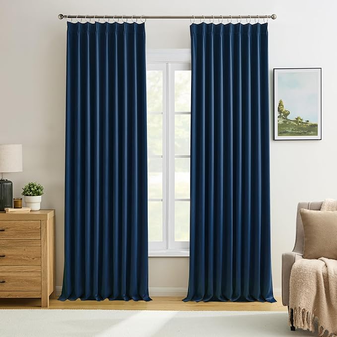 KEQIAOSUOCAI 2 PCs Navy Blue Pleat Wide Drapes for Sliding Glass Door 60 Wide x 90 Inch Long, Privacy Light Block Noise Reduce Insulated Ceiling to Floor for Locker Room Basement Bedroom Closet