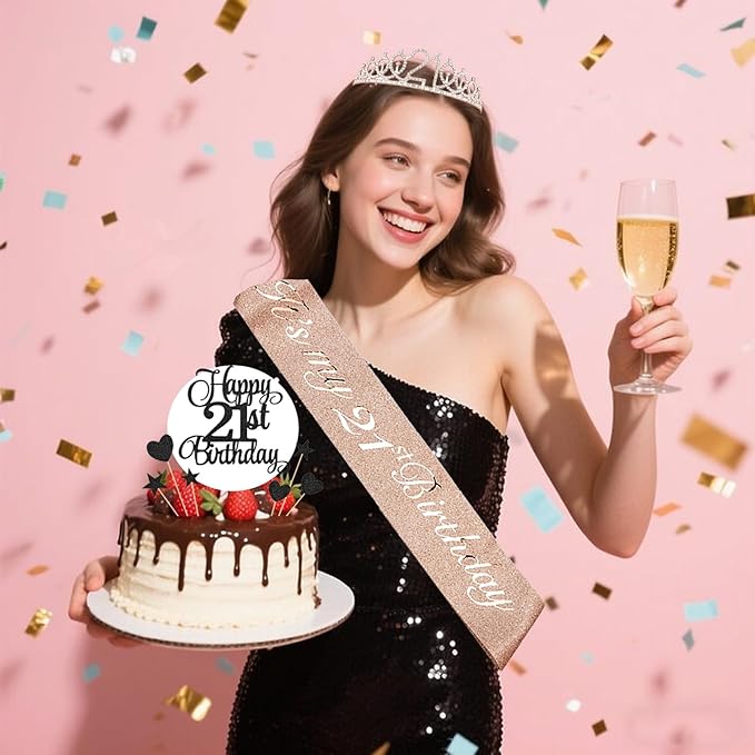 21st Birthday Decorations for Girls Women - 56pcs Rose Gold Happy 21st Banner, 21st Birthday Crown Sash, Cake Topper, Number 21 balloons, 3D Butterflies, 4 Balloon Stands kits