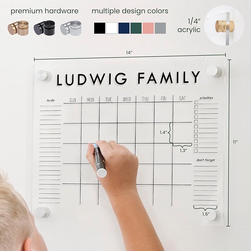 Personalized Clear Acrylic Calendar for Wall, Calendar Whiteboard for Wall, Dry Erase Calendar for Wall, Wall Calendar Organizer System for Home (Block, Black, 14"W x 11"H)
