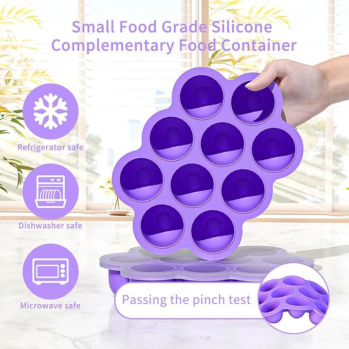 10 Cavities 2 OZ Portions Silicone Baby Food Freezer Tray with Lid,Ice Cube Trays & Molds,Baby Popsicle Mold,Egg Bite Molds,for Freezing and Baking Breast Milk,ice Cube,Egg Bites(Purple)