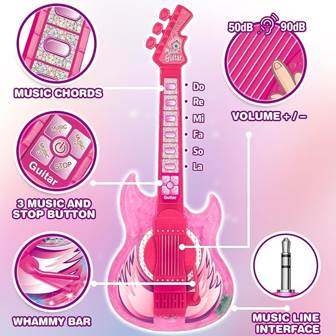 Kids Guitar and Microphone Set, Microphone with Stand and Color Light, Toy Guitar with Strap and Adjustable Volume, Toddler Musical Instrument for 5-9, Kids Karaoke Machine for Boy Girls (Pink)