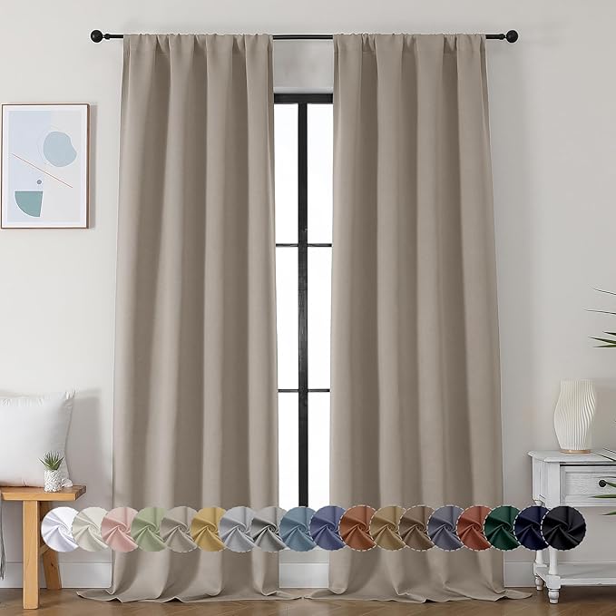 Simplebrand Ava Stone Blackout Curtains for Bedroom 90 Inches Long 2 Panels Set, Solid Privacy Energy Saving Living Room Window Treatment Curtains Blackout Drapes, W40 x L90 Inch, Stone