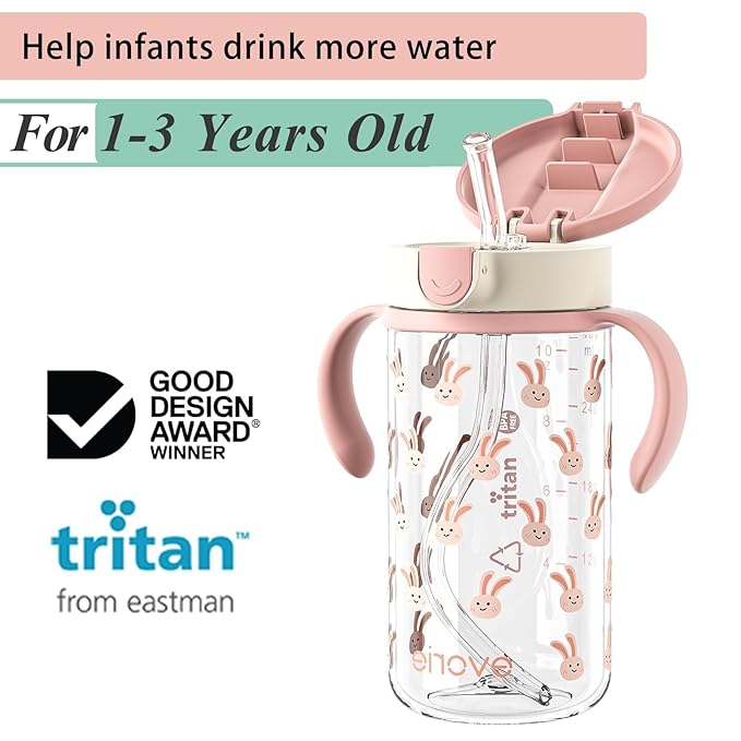 Evorie Tritan Spill Proof Toddler Straw Sippy Cup, 10 oz for Baby and Toddlers 1-3 Years Old, No Spill Straw Water Bottle with Removable Handles, Ideal for School, BPA-Free, Pink Rabbit