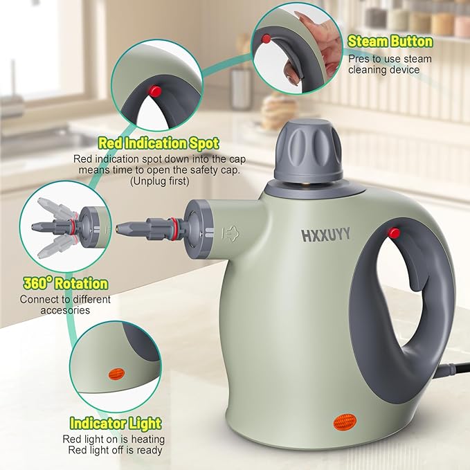 Multi-Surface Handheld Pressurized Steam Cleaner with 13 PCS Accessory ，Portable Steamer for Cleaning, Multipurpose Steam Cleaner for Home/Car/Bathroom/Grease/Upholstery/Floor/Grout and More (Green)