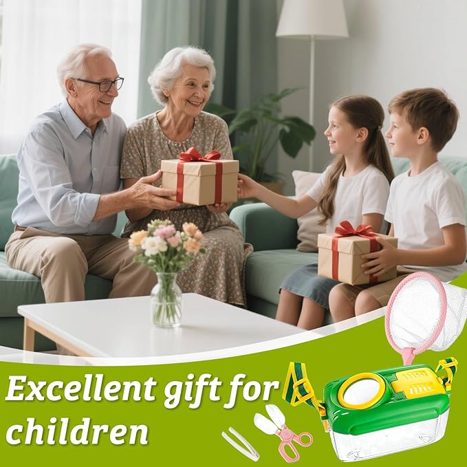 2 Set Bug Catcher for Kids- Educational Bug Catching Kit Including Butterfly Net, Insect Clip, Tweezer, Outdoor Toys for Kids Ages 3-10 (Pink & Green)