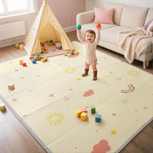 Extra Large Foldable Play Mat, Reversible Baby Play Mat with Edge Reinforcement, Non-Toxic & Waterproof Baby Mat for Floor, Foam Playmat with Travel Bag, Rainbow, Cloud & Moon, 79"x71"