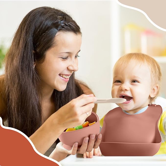 10 Pack Silicone Baby Feeding Set, Toddlers Led Weaning Feeding Supplies with Suction Baby Bowl Divided Plate Adjustable Bib Soft Silicone Spoon Fork, Infant Self Eating Utensil Set (Beige, Orange)