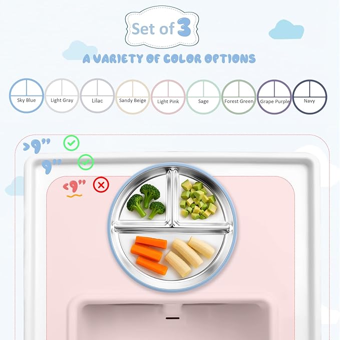 Stainless Steel Suction Plates for Toddlers, 9" Divided Kids Baby Plates with Removable Silicone Suction, Non Toxic Non Slip Portion Control Snack Dishes 3 Packs, Blue Gray Sage