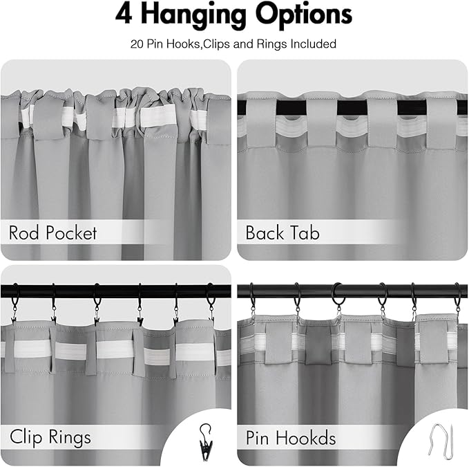 ANRODUO Back Tab Blackout Curtains for Bedroom Living Room, Rod Pocket Pinch Pleated Thermal Insulated Room Darkening Curtains 72 Inches Long 2 Panels, Light Grey, 42 x 72 Inch