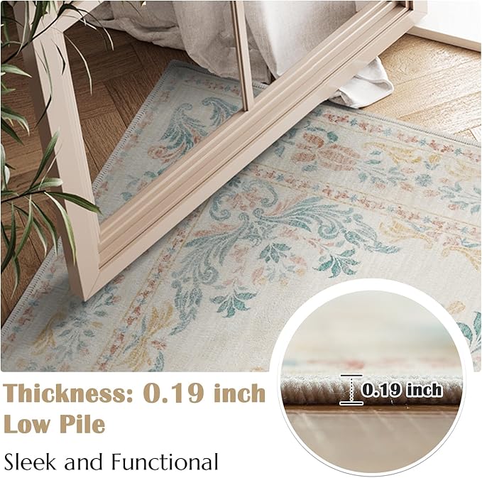 jinchan Vintage Floral 8x10 Area Rugs for Living Room - Machine Washable Distressed Design Soft Throw Rug Thin Non-Slip Large Carpet for Bedroom Nursery Dining Room Home Office(8x10ft,Apricot)