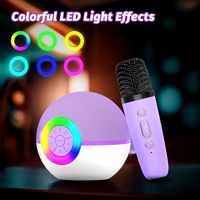 goopow Mini Karaoke Machine Speaker for Kids Adults, Portable Bluetooth Microphone Song Toys with LED Light, Best Chritmas Birthday Festival Gift for 3 4 5 6 7 8+ Year Old Girls Boys (Purple-2MIC)