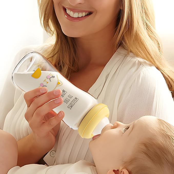 YOHKOH Natural Glass Baby Bottle with Natural Response Nipple, Newborn Anti-Colic Baby Bottles, Wide Neck Mushroom Cap Baby Bottle, Clear (8.8ounce (Pack of 4), Yellow1)
