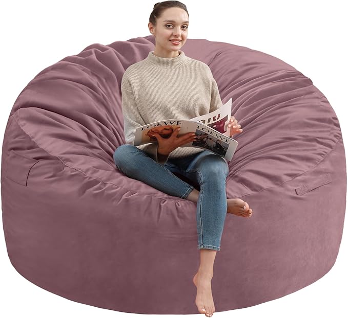 5FT Bean Bag Chair, Large Bean Bag Chairs with Memory Foam Filled, Fluffy Beanbag Sofa with Dutch Velvet Cover, Round BeanBag Chairs for Living Room, Playroom - Dusty Pink