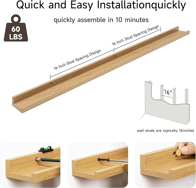 Fun Memories Picture Ledge Shelf, 48 Inch Floating Shelves Set of 2, Large Nursery Book Shelves for Toys Storage, Kids Bookshelf Wall Mounted for Wall Decor Books Photo Frames, Oak